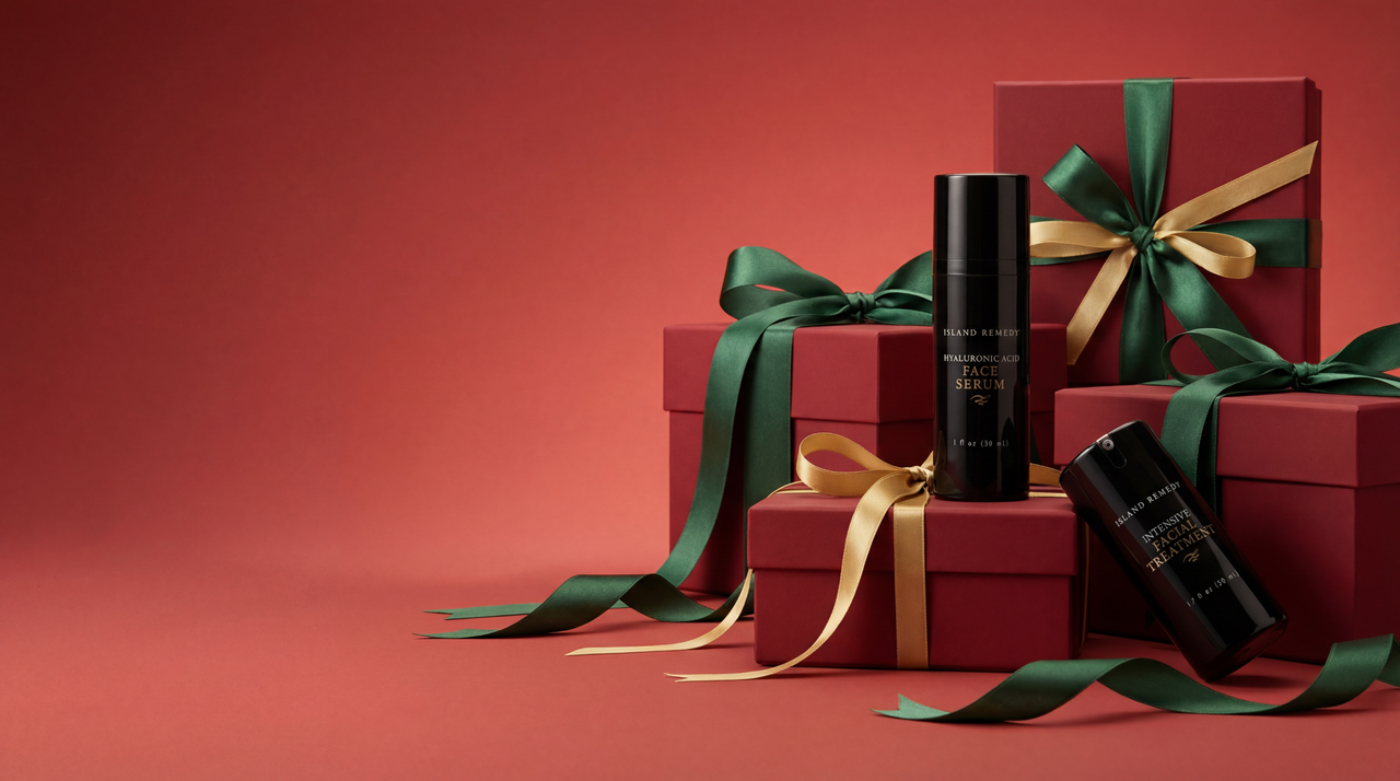 Red gift boxes with green ribbons and black cylindrical products on a red background